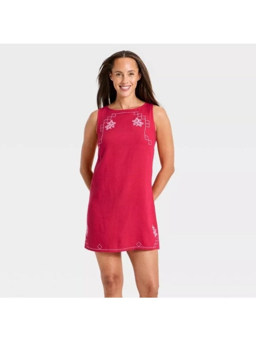 Universal Thread Pink Embroidered Linen Blend Sleeveless Mini Sundress Large